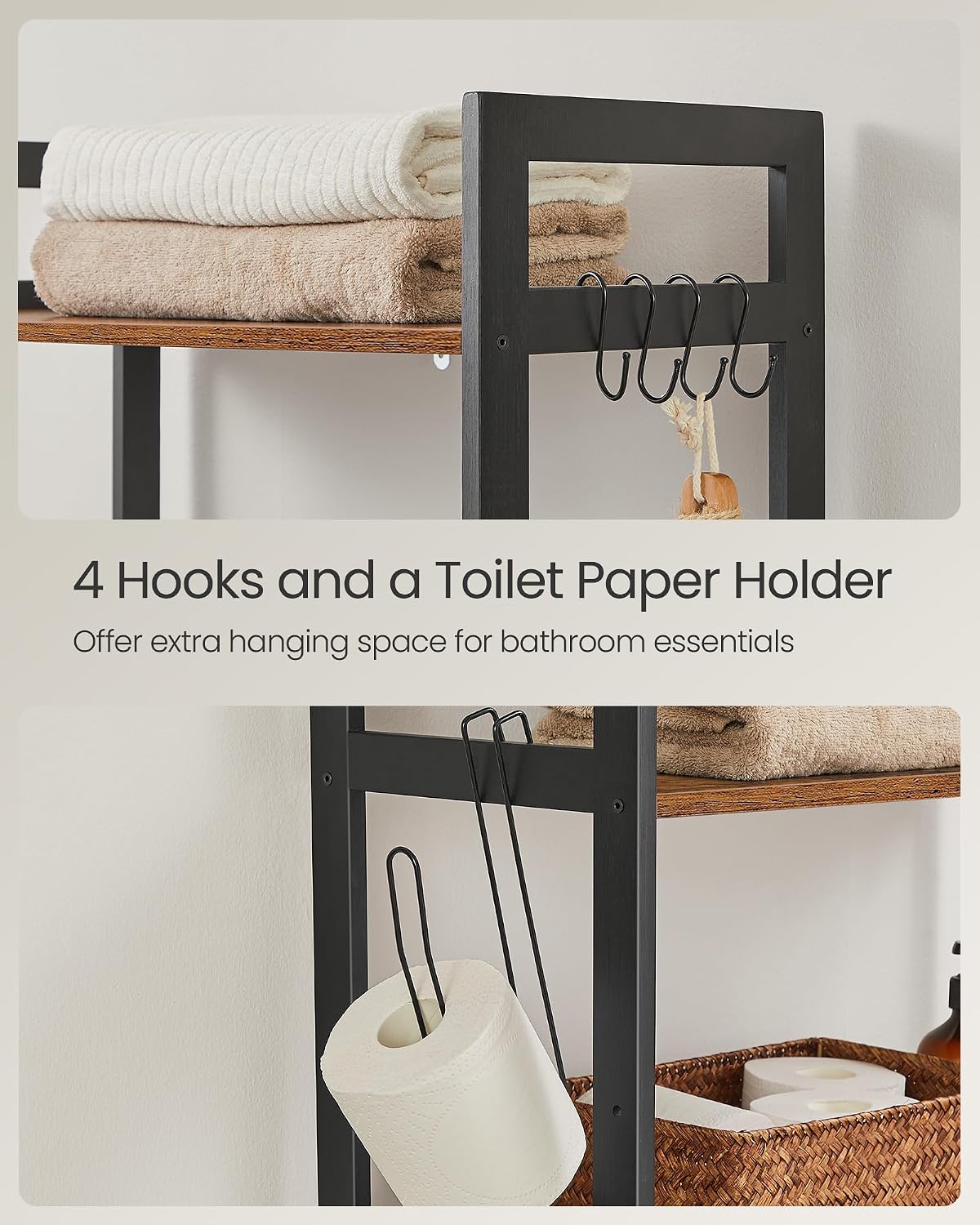 Over-The-Toilet Storage, 3-Tier Bathroom Organizer Over Toilet with Adjustable Shelves, Hooks, Bamboo, Freestanding Space Saver Bathroom Shelves, Rustic Brown and Ink Black