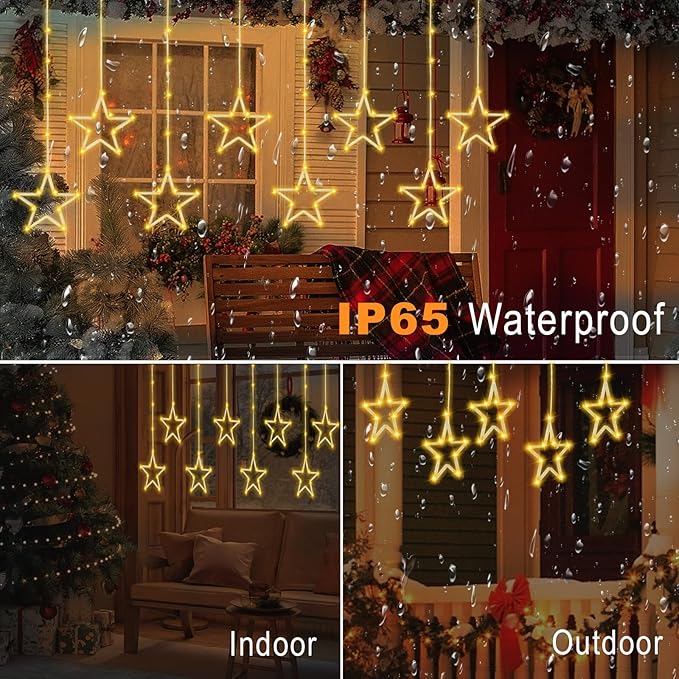 Christmas Window Lights with 8 Big Stars, Christmas Curtain Lights Battery Operated, Hanging Stars Lights with Timer 8 Modes, Indoor or Outdoor Light Christmas Decorations, Warm White