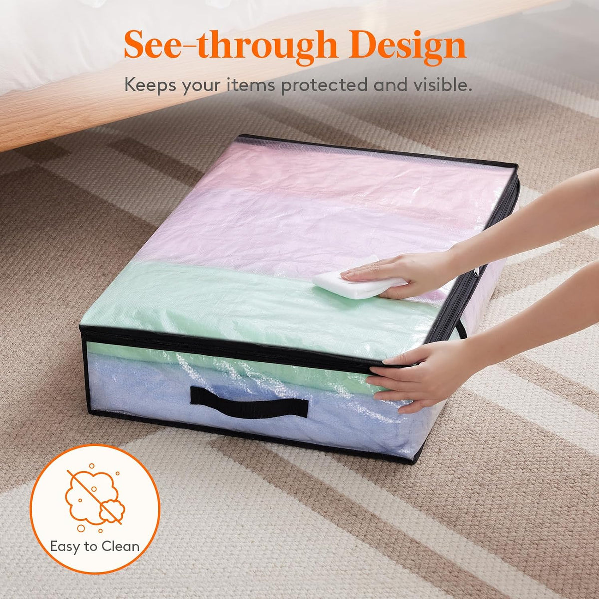 4 Pack Under Bed Storage, Large Clear Plastic Storage Bags, Clothes Storage Boxes Wardrobe Storage Organizer with Reinforced Handle Durable PP Fabric for Bedding Clothes Blanket, 60L