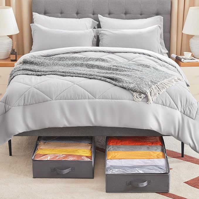 2 Pack 65L Under Bed Storage Bins, Foldable Closet Organizers and Storage Containers,Underbed Storage Bags with Reinforced Handle for Blanket,Clothing,Comforter, Sheets,Wrapping Paper, Grey