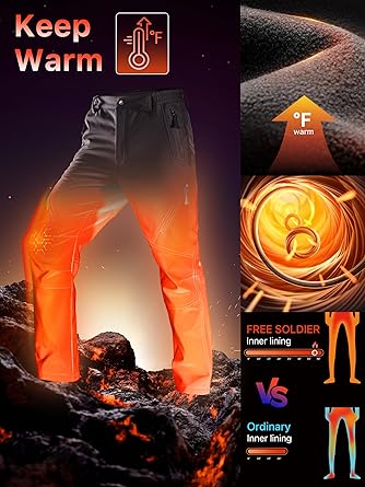 FREE SOLDIER Men's Fleece Lined Outdoor Cargo Hiking Pants Water Repellent Softshell Snow Ski Pants with Zipper Pockets