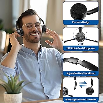 Pointcinco Bluetooth Headset with Noise Canceling Microphone, Convertible Stereo to Mono Headset, Premium Wireless Headset with USB dongle for Game Office Call Center Skype Zoom Meeting Trucker