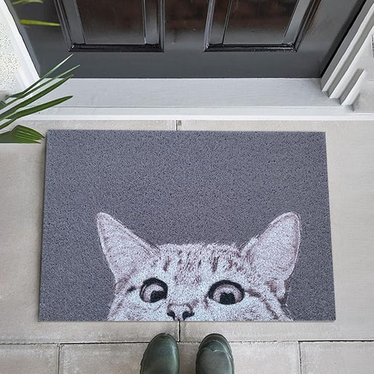 W&M Welcome Door Mat Cute Kitty Waterproof Entrance Entry Doormat for Indoor Outdoor Washable Front Porch Rug with Non Slip Rubber Back Low Profile Floor Easy Clean-Welcome Cat Design-Grey