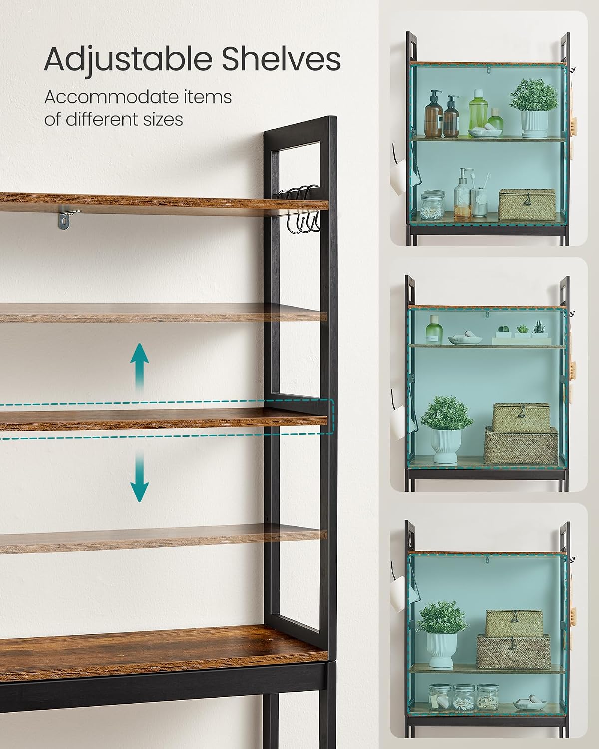 Over-The-Toilet Storage, 3-Tier Bathroom Organizer Over Toilet with Adjustable Shelves, Hooks, Bamboo, Freestanding Space Saver Bathroom Shelves, Rustic Brown and Ink Black