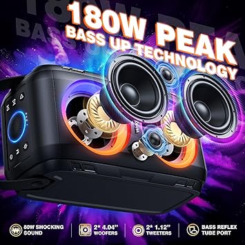 W-King Bluetooth Speaker Loud, T9-2, 180W Peak Party Portable Outdoor Haut Parleur Speaker Wireless Boom Box/4 Drivers(2 * 4.04’’ Woofer)-80W Deep Bass Tube, Huge 105dB Sound, Lights/IPX5/EQ/24H/USB/TF/AUX