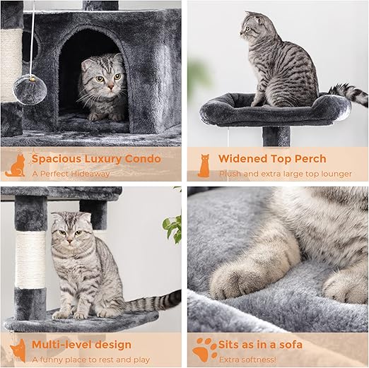 FEANDREA 59.3 Inch Cat Tree Condo with Scratching Post Kitty Tower Pet Playhouse, Smoky Gray UPCT85G