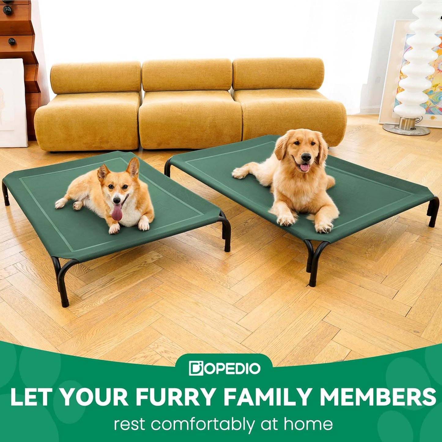 Dopedio Elevated Outdoor Dog Bed, Raised Dog Cot for Large Dogs, Metal Frame with Washable Breathable Mesh, Non-Slip Feet, Green