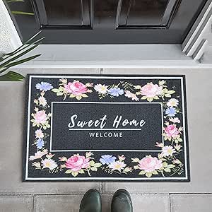 W&M Welcome Door Mat Waterproof Entrance Doormat Indoor and Outdoor Washable Entry Rug with Non Slip Rubber Backing Low Profile Floor Mat Easy Clean-Welcome Garden Design-Black/Beige