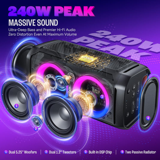 240W Peak Speakers Bluetooth Wireless Loud, T11, 115dB Deep Bass, Large Haut Parleur Bluetooth Party Box,Portable Boombox,IPX6 Waterproof Party Outdoor Speakers, RGB Lights, 24H, MIC & Guitar in, TF, AUX