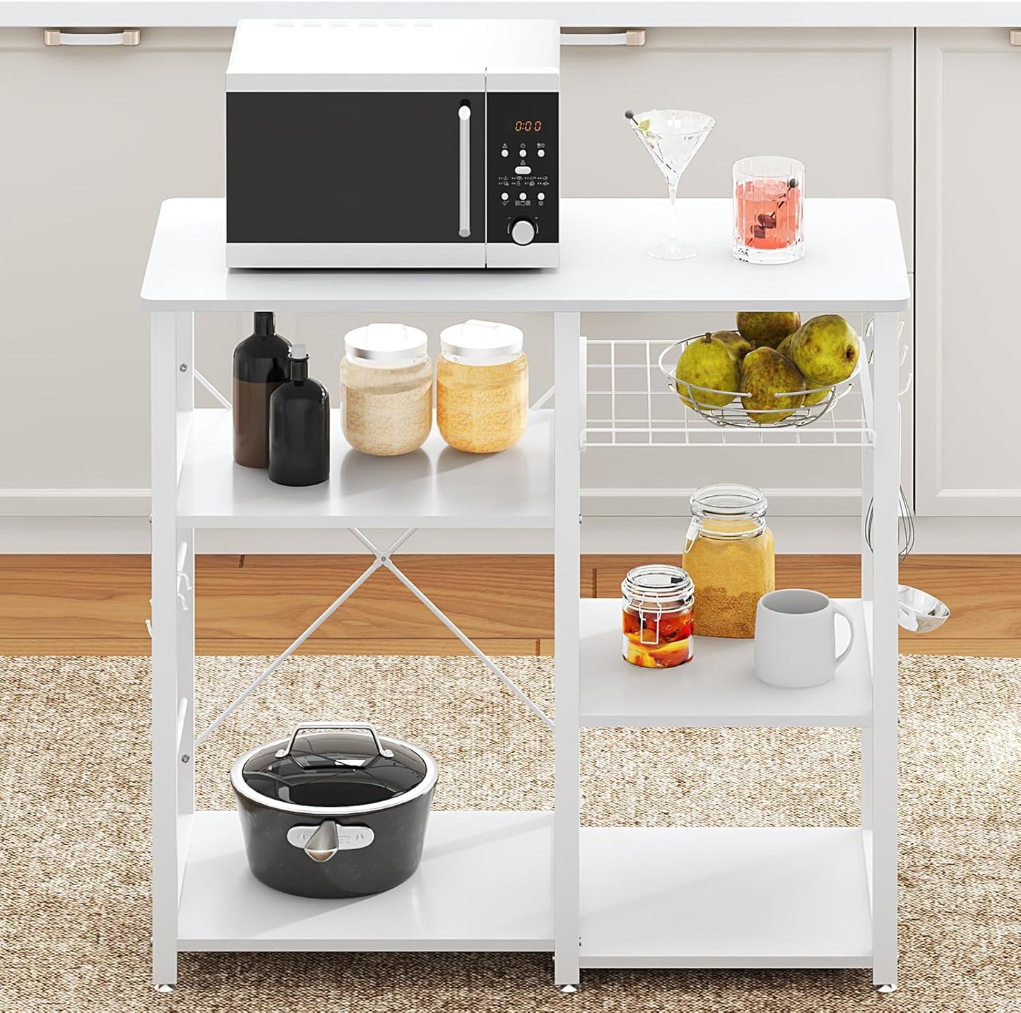 SDHYL Kitchen Storage Islands 3 Tier, 35 inch Bakers Rack Microwave Stand with 5 Storage Shelves Hanging Hooks, Kitchen Shelves Organizers Bakers Racks with Movable Basket, White