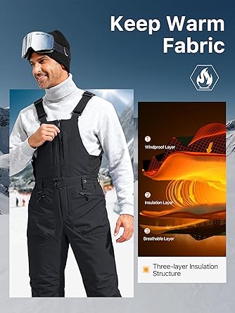 FREE SOLDIER Men's Insulated Waterproof Snow Bibs Ski Overalls