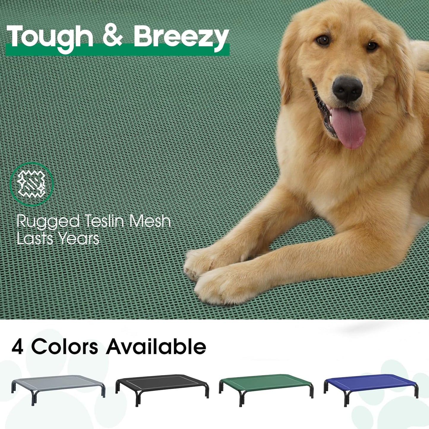 Dopedio Elevated Outdoor Dog Bed, Raised Dog Cot for Large Dogs, Metal Frame with Washable Breathable Mesh, Non-Slip Feet, Green