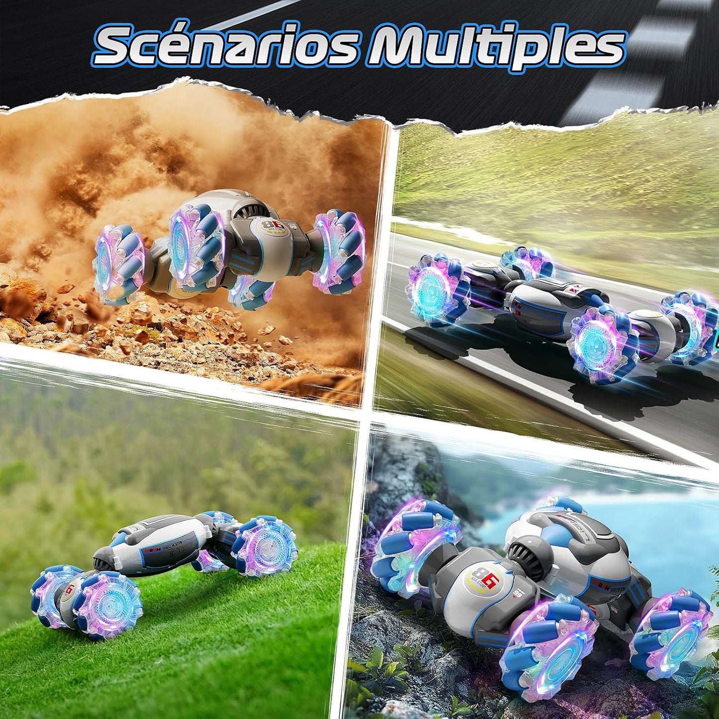 3-in-1 Remote Controlled Car from 6 7 8 9 10 Years, 2.4 GHz 4WD RC Car with Hand Control, Double-Sided Rotating Off-Road with Music and Light, Toy Christmas Gifts for Boys Girls