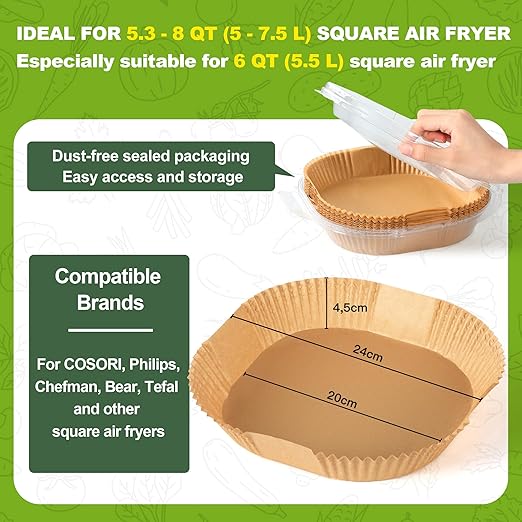 ocozy Air Fryer Liners, 150 Pieces Unbleached Parchment Paper Liners 8 Inch Square, Food Grade, Non-Stick and Oil Proof Airfryer Liners for Chefman COSORI T-FAL Ninja 5-8 Quart Square Air Fryer