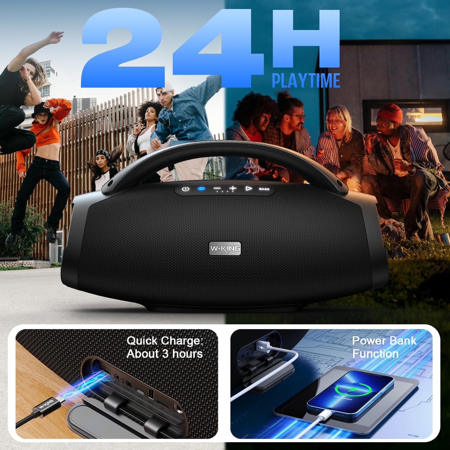 W-King Bluetooth Speaker X20, 330W Peak 200W RMS Portable Wireless Speaker with 7.5" Subwoofer, 40Hz Massive Bass, EQ APP, 2.1Ch, IPX7, BT5.4, Stereo Pairing, OTG, Boom Box for Party, Outdoor, Beach