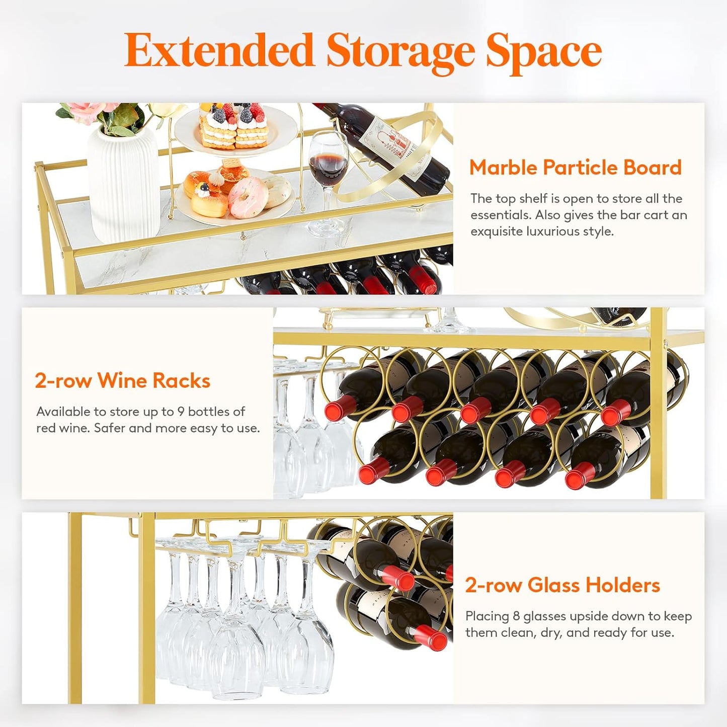 Lifewit Bar Cart Gold, Bar Carts for The Home with 2-Tier Shelf, Home Bar Serving Cart with 9 Wine Bottle Racks, Drink Cart for Kitchen, Dining, Living Room, Gold
