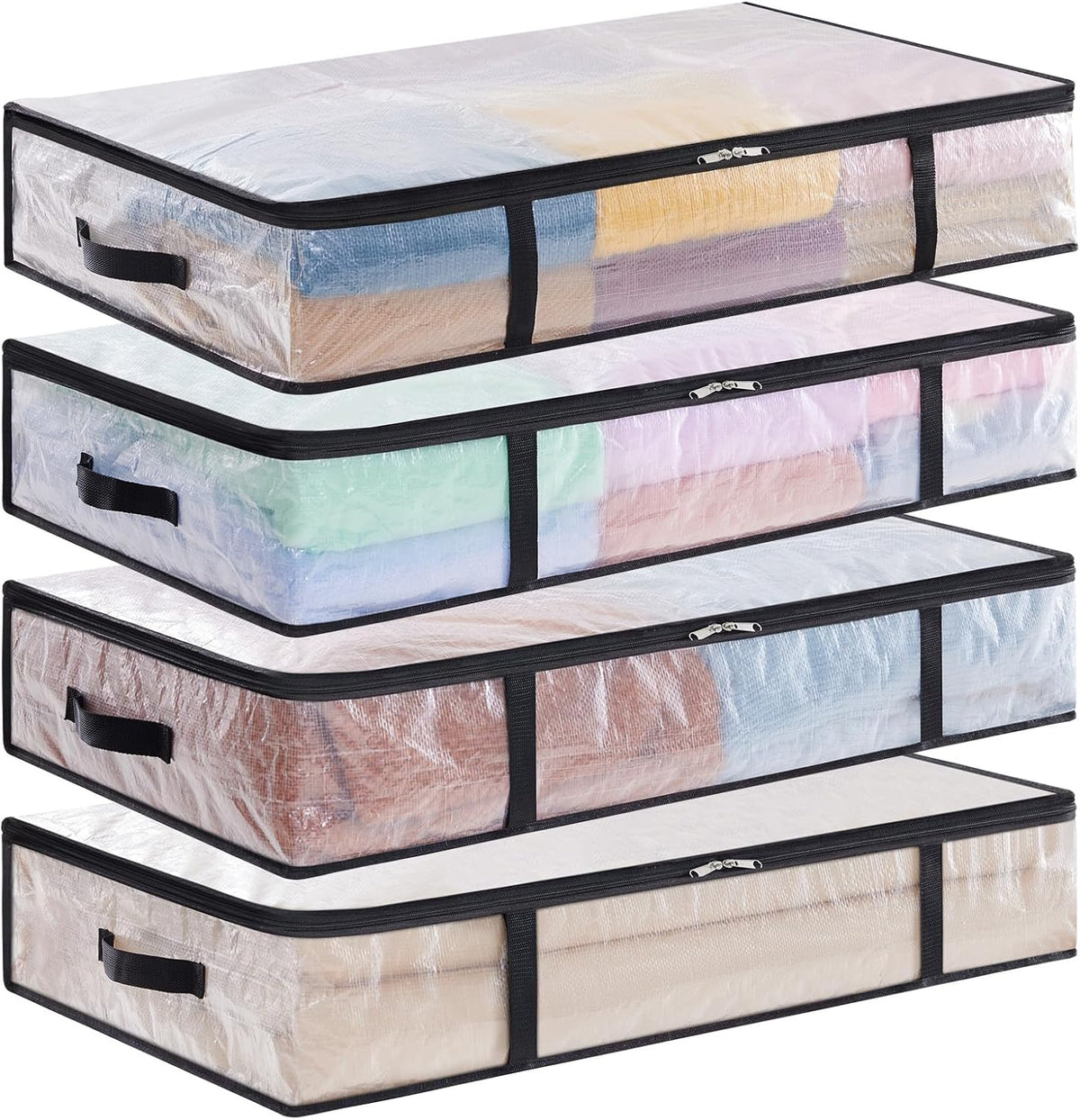4 Pack Under Bed Storage, Large Clear Plastic Storage Bags, Clothes Storage Boxes Wardrobe Storage Organizer with Reinforced Handle Durable PP Fabric for Bedding Clothes Blanket, 60L