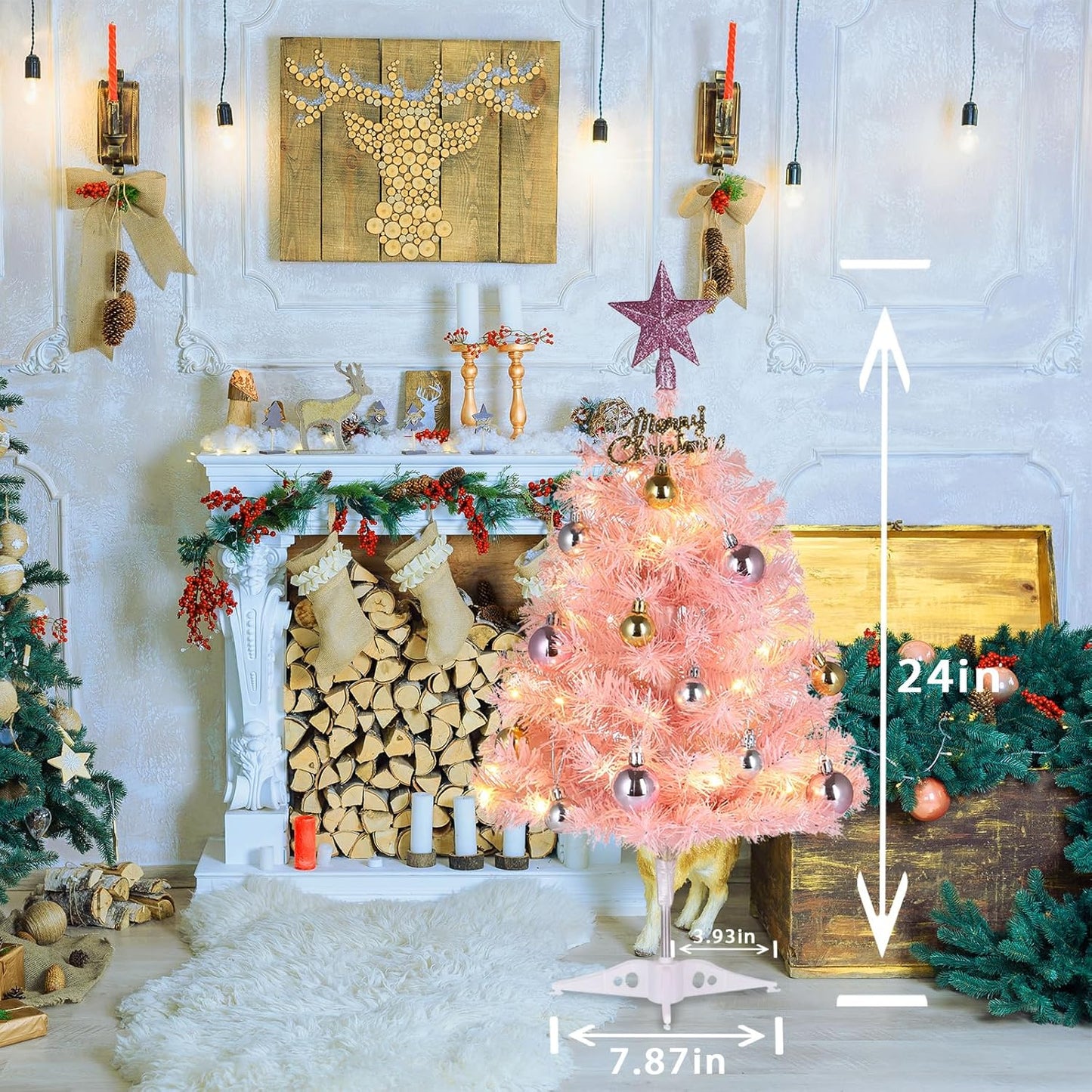 Mini Pink Christmas Tree, 24” Artificial Tabletop Christmas Tree with Lights & Hanging Ornaments, Small Desktop Xmas Tree for Party Supplies Home Indoor Decoration