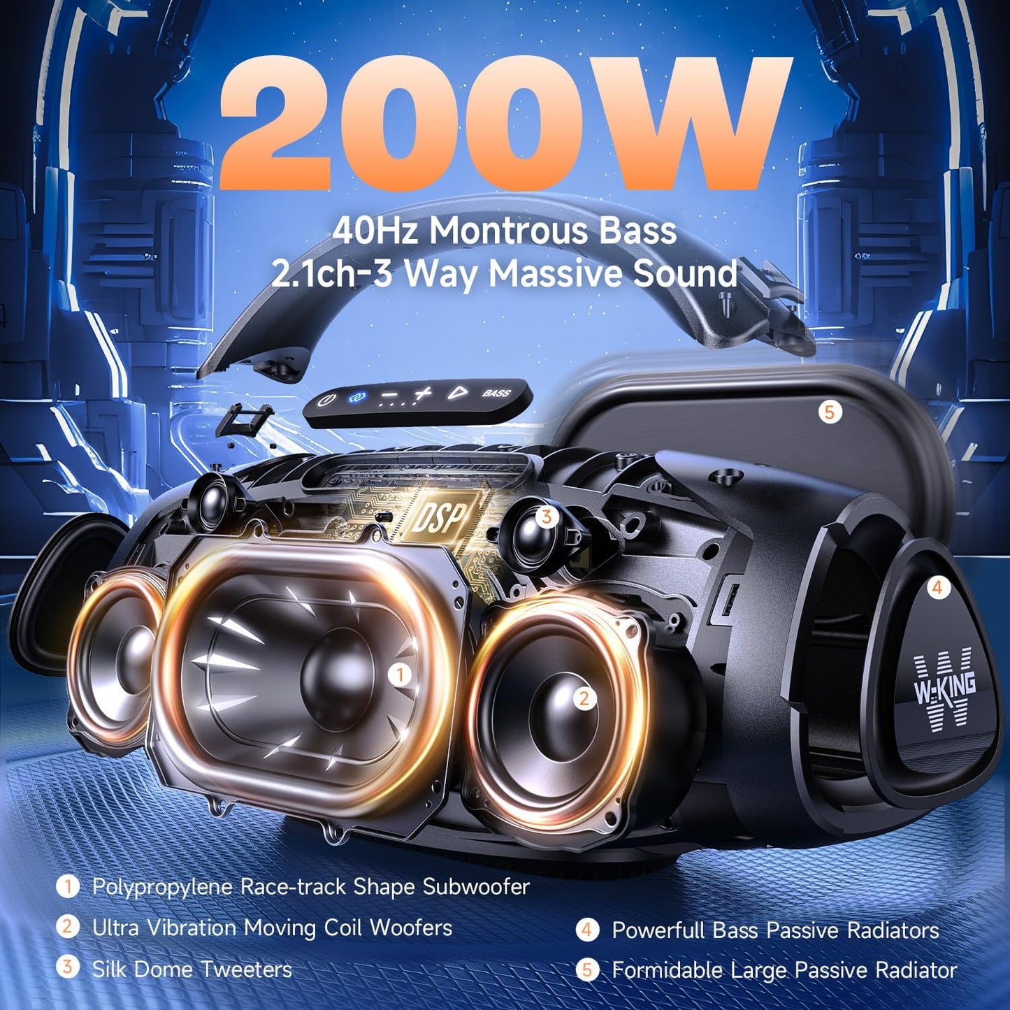 W-King Bluetooth Speaker X20, 330W Peak 200W RMS Portable Wireless Speaker with 7.5" Subwoofer, 40Hz Massive Bass, EQ APP, 2.1Ch, IPX7, BT5.4, Stereo Pairing, OTG, Boom Box for Party, Outdoor, Beach