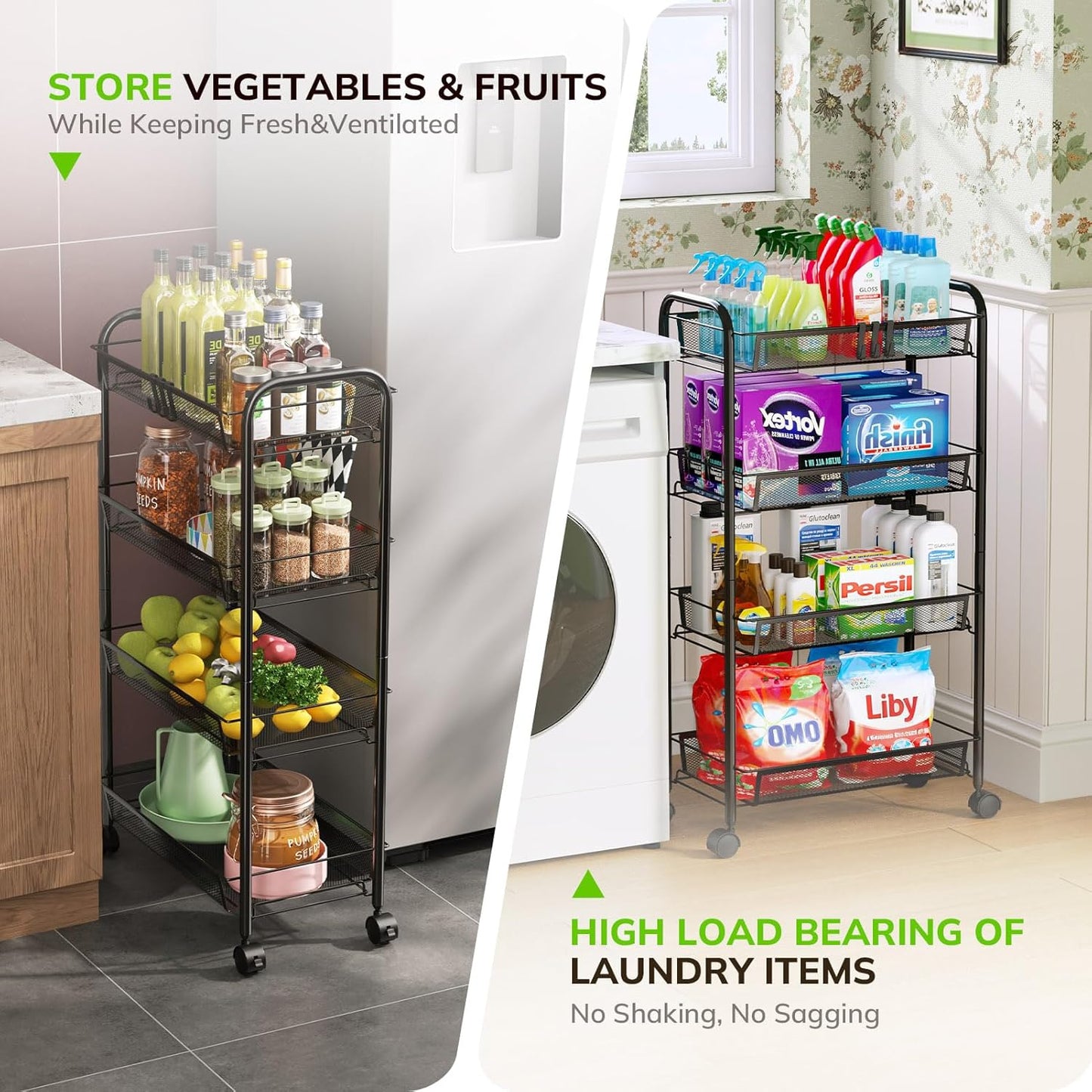 Goovilla 4-Tier Metal Rolling Cart, Mesh Wire Easy Assemble Utility Cart, Storage Trolley on Wheels with 4 Hooks, Metal Storage Shelving Units for Kitchen Bathroom Laundry Living Room, Black