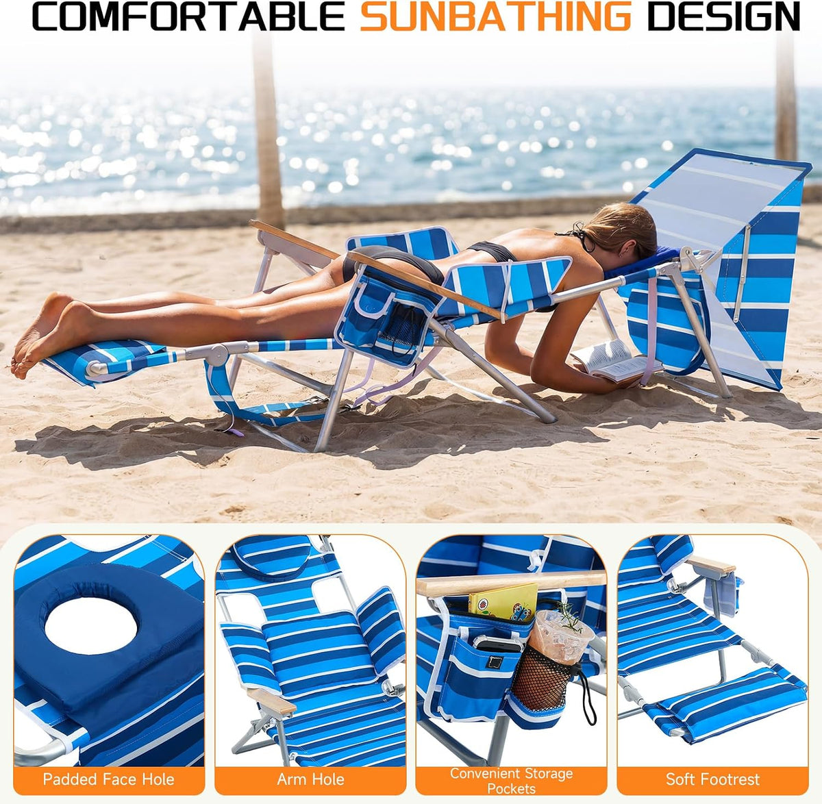 Backpack Beach Chair with Sun Canopy for Adults, Reclining Lounge Chair Tanning Chair with Face Hole and Cup Holder, 5-Position Foldable Camping Chair for Beach, Pool, Patio, Camping, Blue&White