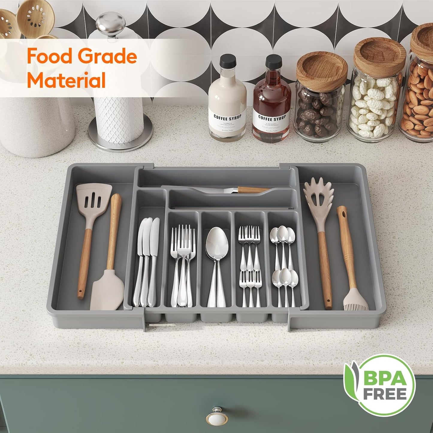 Lifewit Silverware Drawer Organizer, Expandable Utensil Organizer for Kitchen Drawers, Adjustable Cutlery and Flatware Tray, Plastic Spoons Forks Knives Holder Storage Dividers, Extra Large