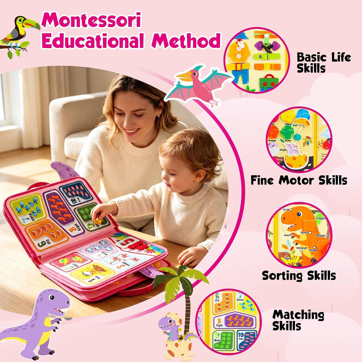 Toddler Busy Board - Montessori Toys for Toddler Girl Birthday Gift, Educational Learning Sensory Busy Book for Toddlers Girls, Toddlers Activities Travel Toys for Airplane Car