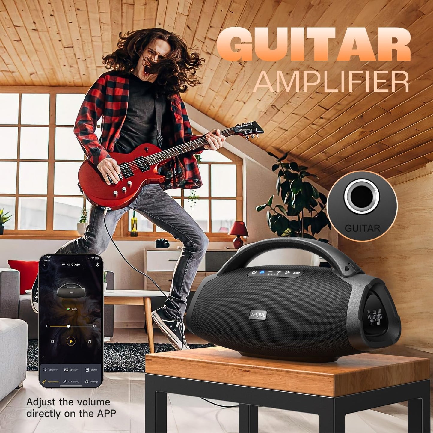 W-King Bluetooth Speaker X20, 330W Peak 200W RMS Portable Wireless Speaker with 7.5" Subwoofer, 40Hz Massive Bass, EQ APP, 2.1Ch, IPX7, BT5.4, Stereo Pairing, OTG, Boom Box for Party, Outdoor, Beach