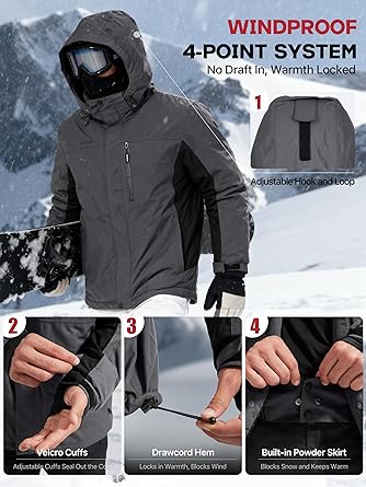 FREE SOLDIER Men's Waterproof Ski Snow Jacket Fleece Lined Warm Winter Rain Jacket with Hood Fully Taped Seams