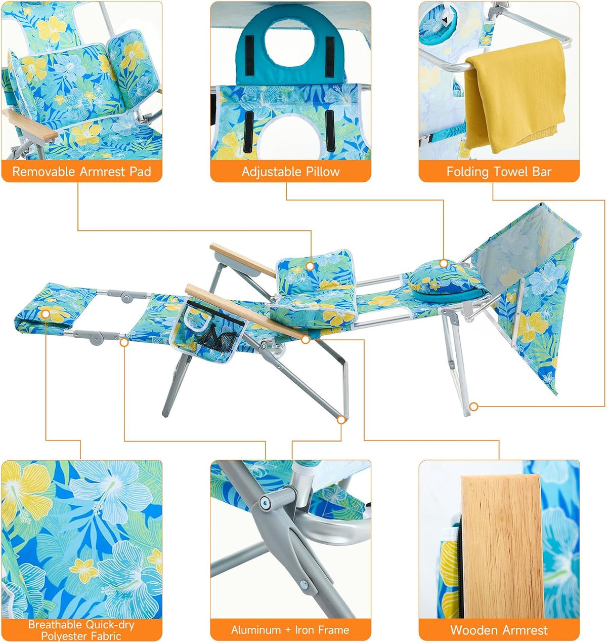 Backpack Camping Beach Lounge Tanning Chair with Canopy & Face Hole