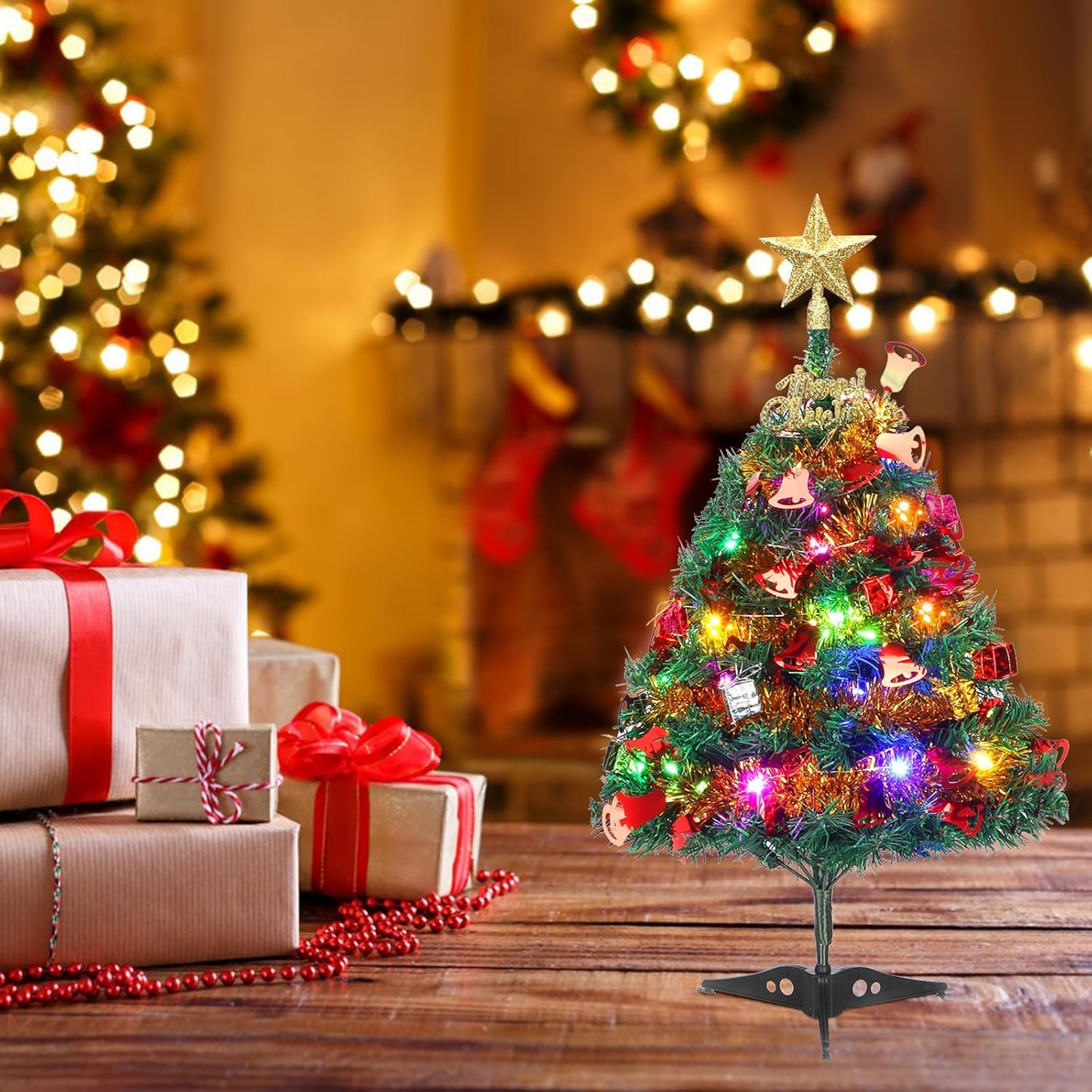 Mini Christmas Tree, 2ft Tabletop Christmas Tree Small Christmas Tree with Lights, Hanging Ornaments and Star Treetop, Christmas Decoration Tree Decor