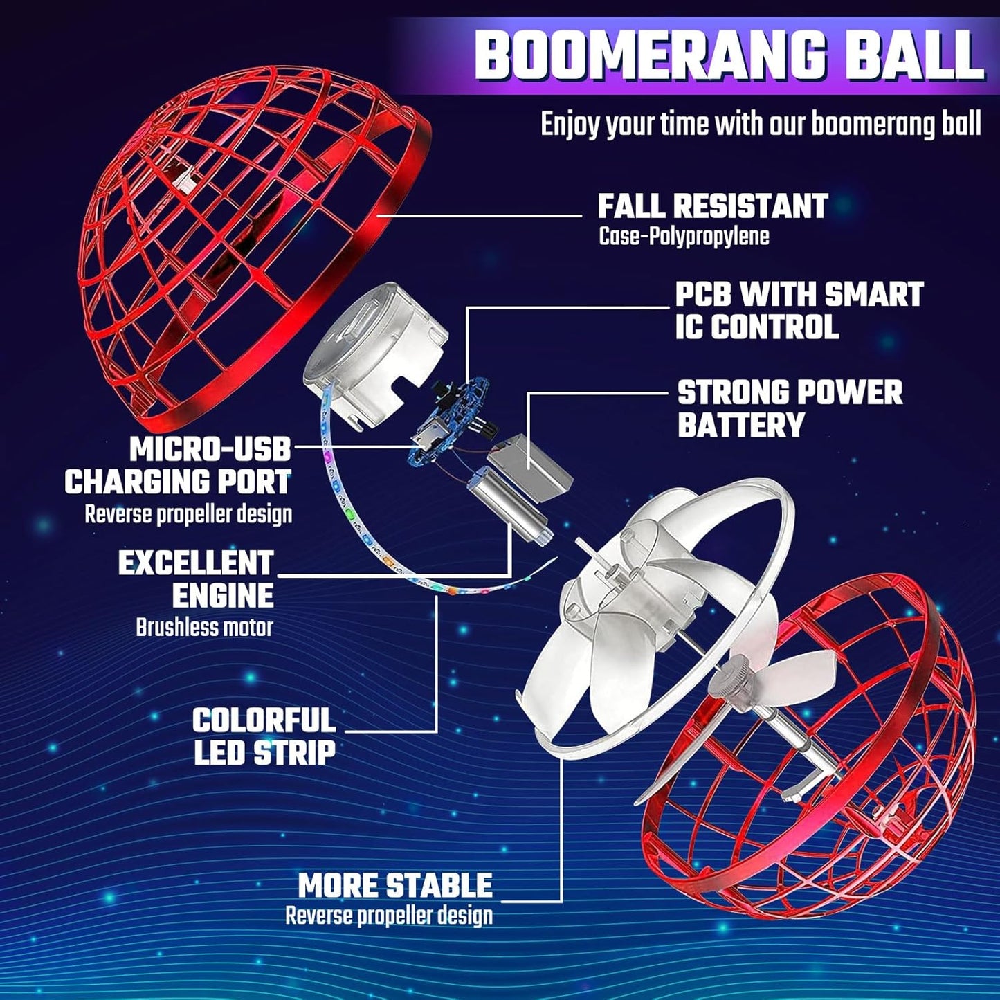 Sosuy 2026 Flying Orb Ball Toys for Kids, Magical Hover Space Fly Boomerang Spinner Galaxy Mini Hand Rotating Drone Cool Stocking Stuffers for Boys Girls Teen Aged 6 7 8 9 10+ Red