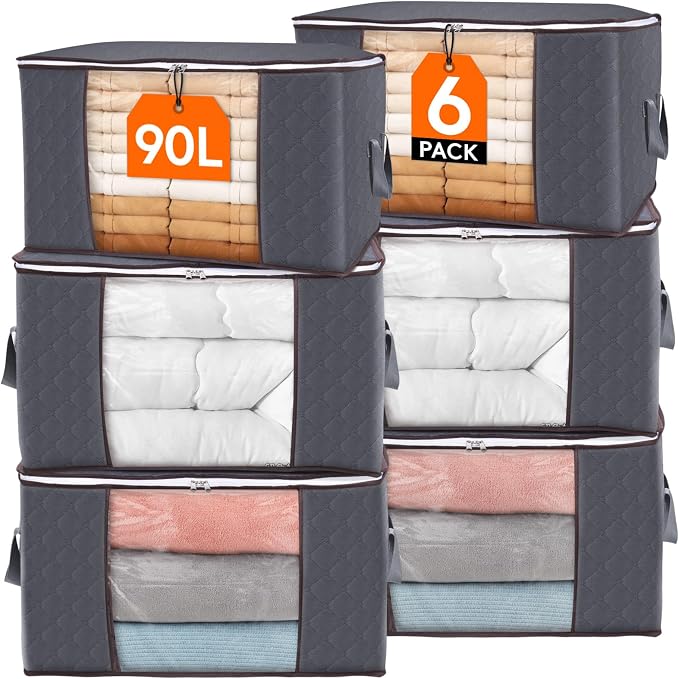 6 Pack, 90L Large Capacity Clothes Storage Bags Organizer with Reinforced Handle, Foldable Clothing Storage for Comforters, Blankets, Bedding, with Sturdy Zipper, Clear Window