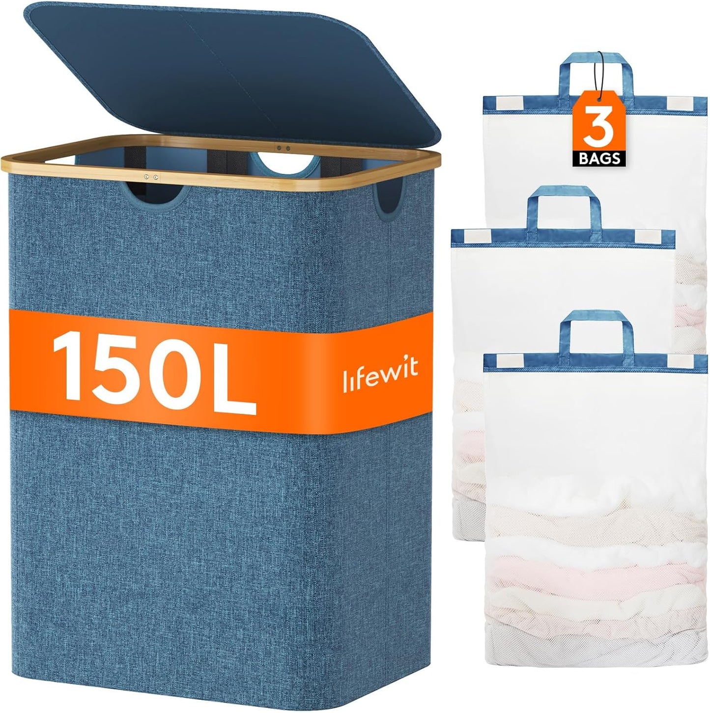Lifewit 150L Laundry Basket with Lid 3 Section, Large Laundry Hamper with Bamboo Handles and Removable Laundry Bags, Clothes Hampers for Laundry for Bedroom, Bathroom, Dorm, Laundry Room, Dark blue