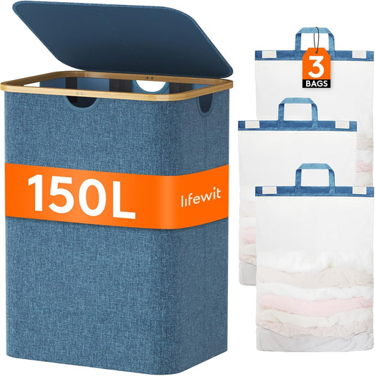 Lifewit 150L Laundry Basket with Lid 3 Section, Large Laundry Hamper with Bamboo Handles and Removable Laundry Bags, Clothes Hampers for Laundry for Bedroom, Bathroom, Dorm, Laundry Room, Dark blue