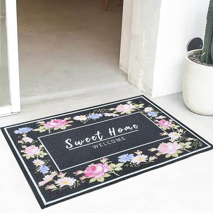 W&M Welcome Door Mat Waterproof Entrance Doormat Indoor and Outdoor Washable Entry Rug with Non Slip Rubber Backing Low Profile Floor Mat Easy Clean-Welcome Garden Design-Black/Beige