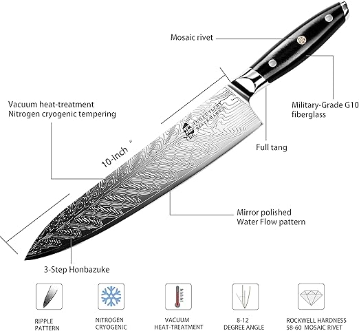 TUO Chef Knife - Kitchen Knives 10-inch High Carbon Stainless Steel - Pro Chef’s Knife with G10 Full Tang Handle - Black Hawk-S Series Knives Including Gift Box