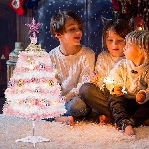 Mini Pink Christmas Tree, 24” Artificial Tabletop Christmas Tree with Lights & Hanging Ornaments, Small Desktop Xmas Tree for Party Supplies Home Indoor Decoration