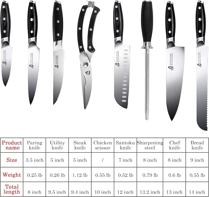 TUO Kitchen Knife Set - 12 Pcs Knife Set with Wooden Block - Premium Forged German Stainless Steel, Ergonomic Pakkawood Handle - Black Hawk Series with Gift Box
