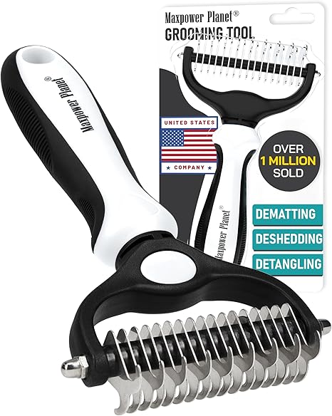 Maxpower Planet宠物美容刷 - 双面去毛、梳理毛发 - 犬用底毛耙 - 犬用美容刷 - 犬用去毛刷 - 犬猫通用，减少95%掉毛，白色
