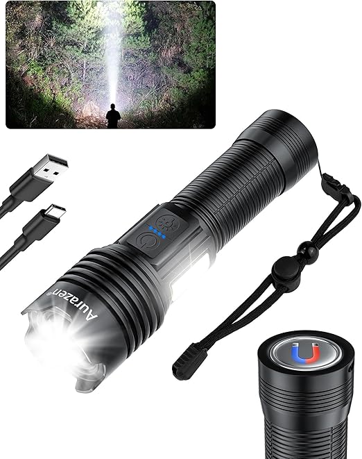 Aurazen Rechargeable Flashlights-High Lumens Flashlight, Super Bright led Flashlight with 7 Modes & COB Light, IP67 Waterproof Powerful Handheld Flash Light for Home, Camping, Emergencies