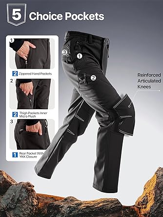 FREE SOLDIER Men's Fleece Lined Outdoor Cargo Hiking Pants Water Repellent Softshell Snow Ski Pants with Zipper Pockets