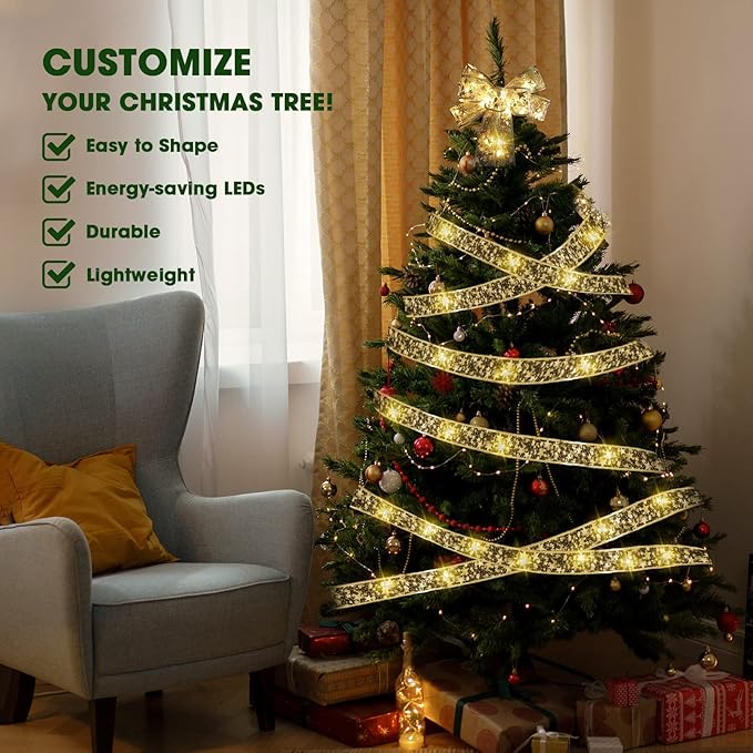 Christmas Tree Ribbon Lights Gold 32ft (2X16ft) 100 LED Lights Battery Powered Double Layer Copper Wire Ribbon Bows Fairy Strings Lights for Weddings New Year Christmas Tree Decorations