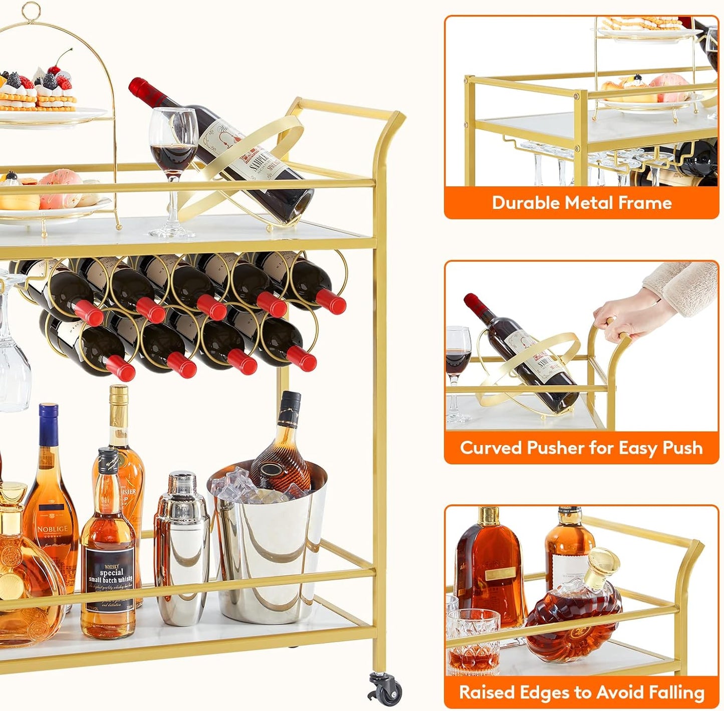 Lifewit Bar Cart Gold, Bar Carts for The Home with 2-Tier Shelf, Home Bar Serving Cart with 9 Wine Bottle Racks, Drink Cart for Kitchen, Dining, Living Room, Gold