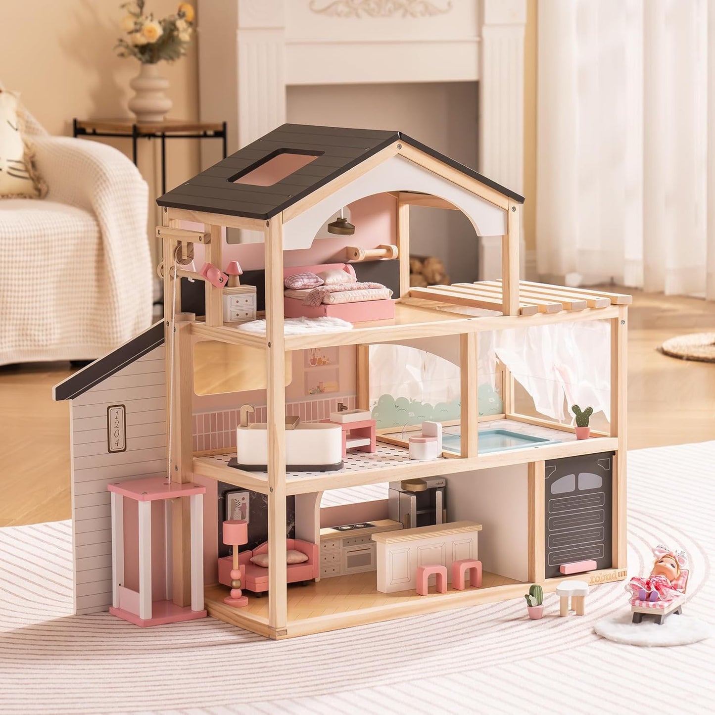ROBUD Wooden Dollhouse, 6 Rooms Wooden Doll House with 29Pcs Furniture Set, Working Elevator, Garage, Swimming Pool, Ideal Gift for Kids Ages 3+ (Black)