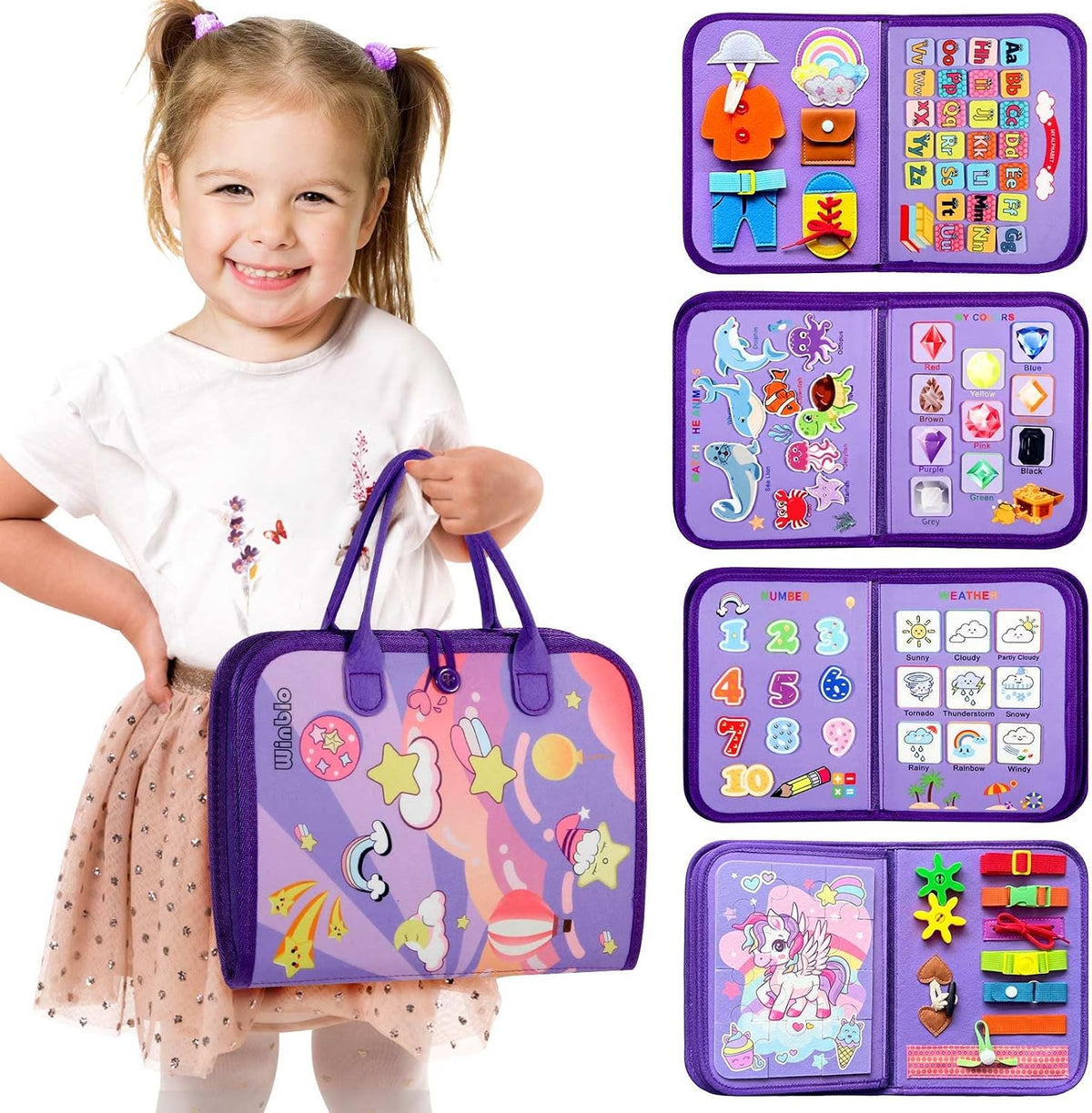Winblo Toddler Busy Board - Montessori Toys for 2 Year Old Girl Birthday Gift - Educational Learning Sensory Busy Book for Toddlers, Ages 2-4 Travel Activities Toys for Airplane Car