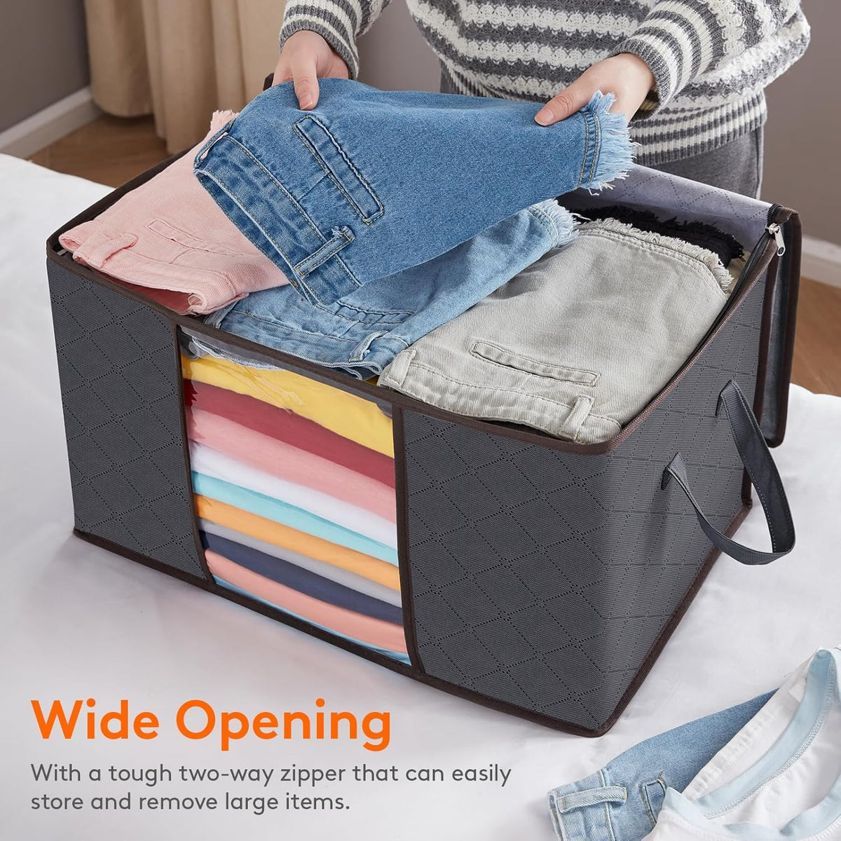 4 Pack Clothes Storage Bag, Foldable Storage Bins for Clothes, Blankets, Fabric Wardrobe Closet Organizers with Reinforced Handle, Sturdy Zipper, Moving Bags With Clear Window, Grey