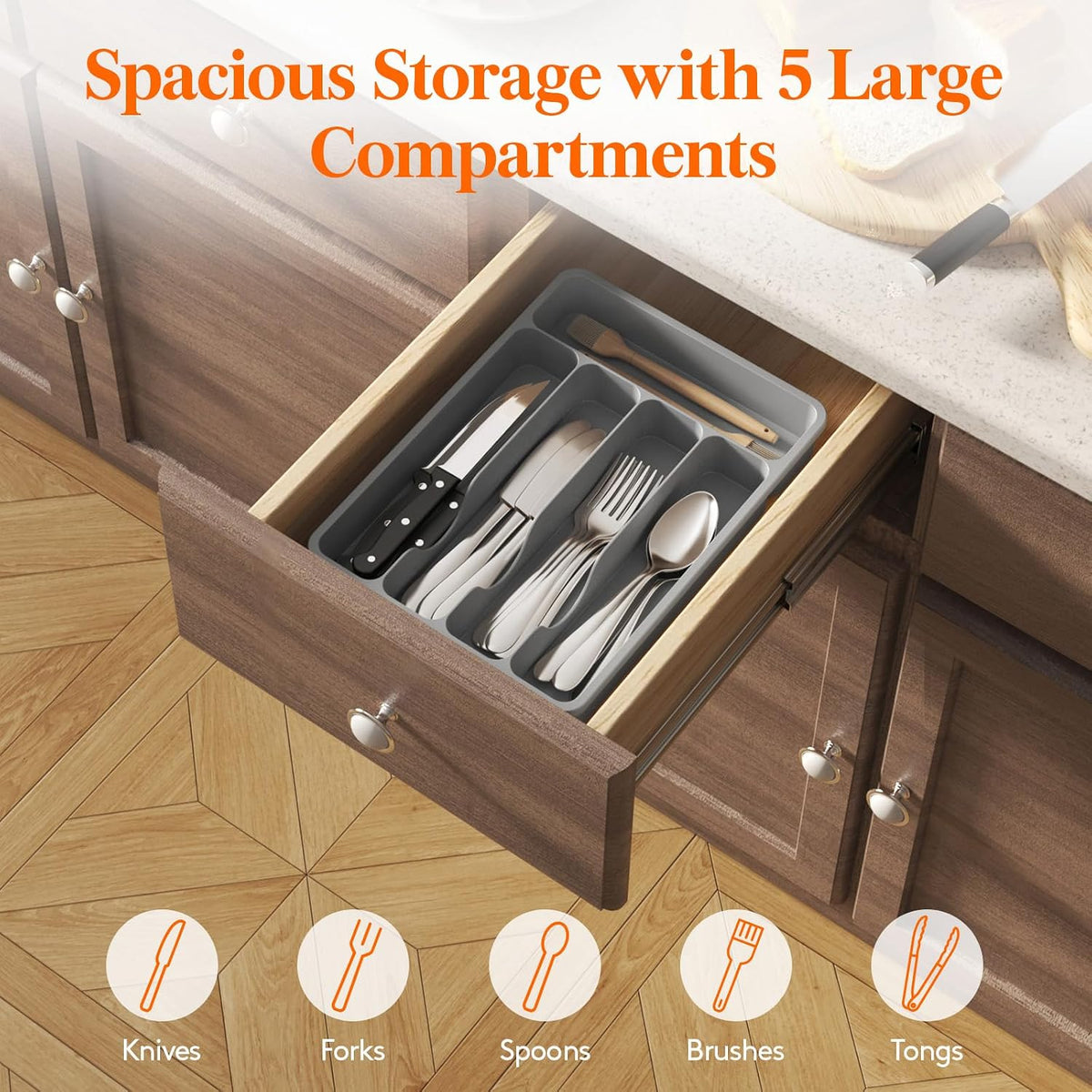 Small Cutlery Organizer for Kitchen, Expandable Cutlery Rack, Silverware Drawer Organizer and Utensil Holder Divider for Spoons Forks Knives Tableware, 5 Compartment, Gray