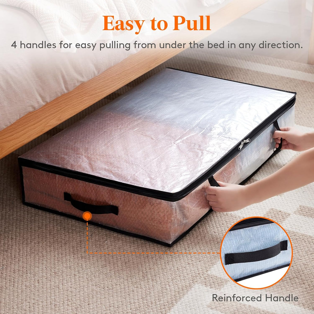 4 Pack Under Bed Storage, Large Clear Plastic Storage Bags, Clothes Storage Boxes Wardrobe Storage Organizer with Reinforced Handle Durable PP Fabric for Bedding Clothes Blanket, 60L