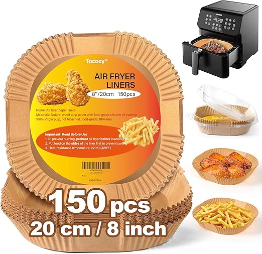 ocozy Air Fryer Liners, 150 Pieces Unbleached Parchment Paper Liners 8 Inch Square, Food Grade, Non-Stick and Oil Proof Airfryer Liners for Chefman COSORI T-FAL Ninja 5-8 Quart Square Air Fryer